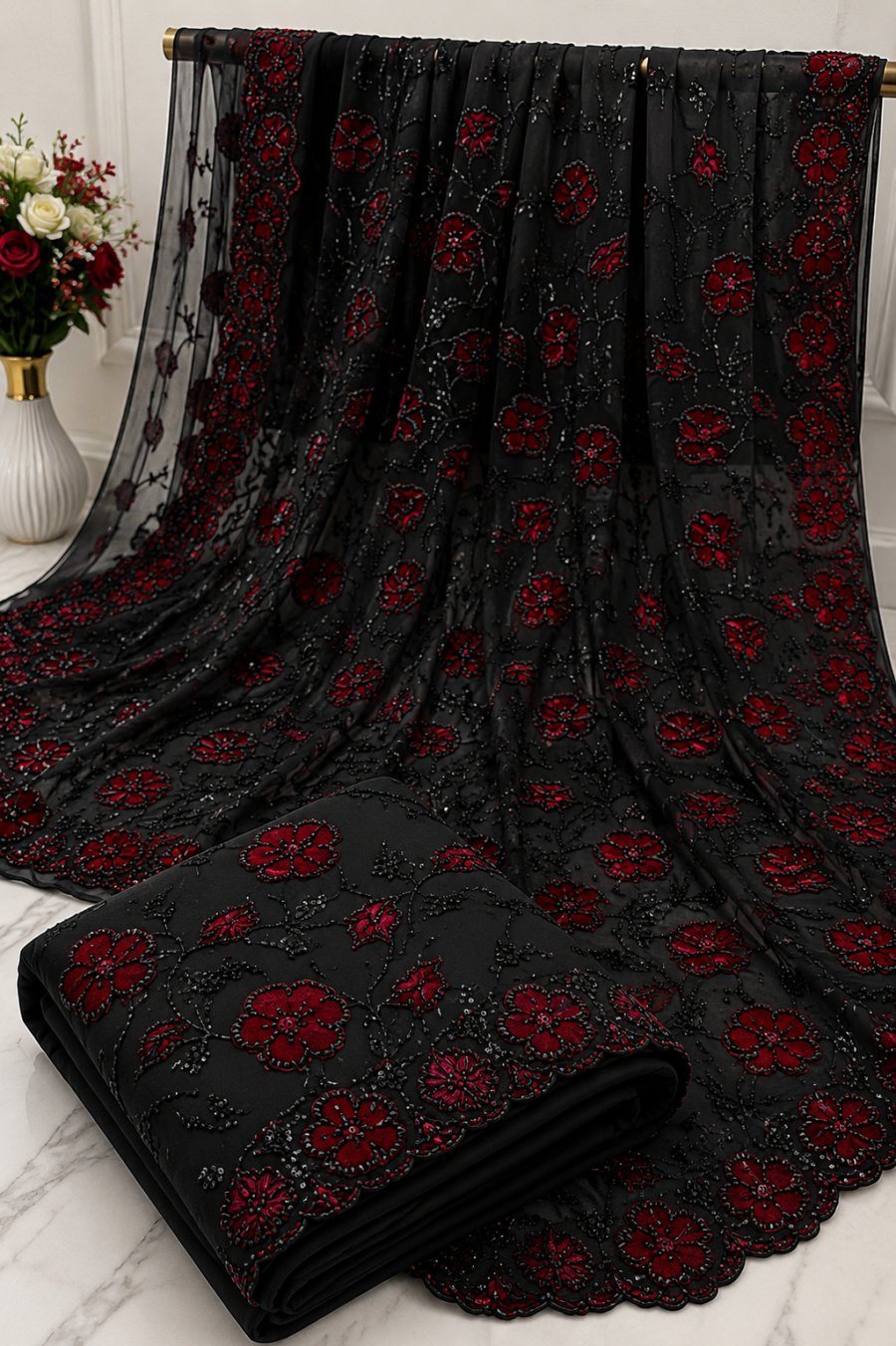Black Net Saree with Maroon Floral Embroidery & Scalloped Border