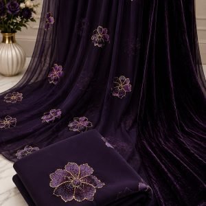 Luxurious Aubergine Saree with Velvet Trim & Gold Floral Embellishments