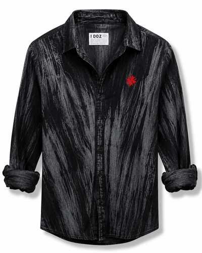 Men's Black Washed Denim Shirt with Red Star Design