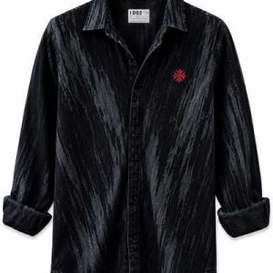 Men's Black Acid Wash Denim Shirt with Red Star Badge