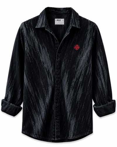 Men's Black Acid Wash Denim Shirt with Red Star Badge