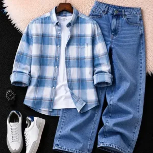 Men's Sky Blue Checked Shirt & Light Blue Wide-Leg Denim Jeans Set