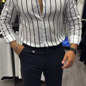 White & Black Vertical Striped Linen Shirt - Premium Comfort at ₹149