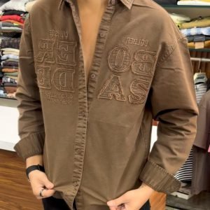 Men's Brown Oversized Applique Shirt – Full Sleeve Washed Cotton Drop Shoulder Overshirt