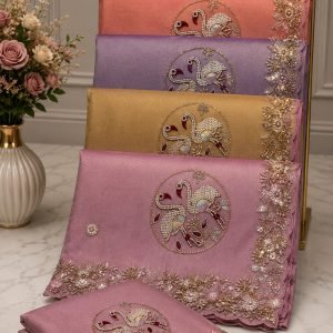 Graceful Pastel Swan Pearl Saree – Hand-Embroidered Medallion Design