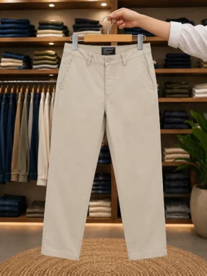 Men's Beige Slim Fit Casual Trousers – Contemporary Solid Dress Pants