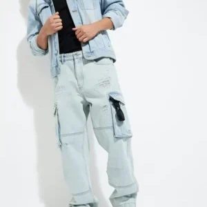 Skyline Cargo – Light Blue Distressed Denim Pants