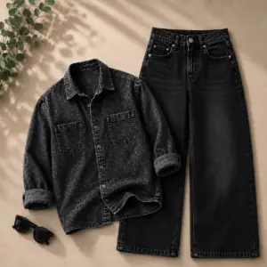 Charcoal Textured Denim Overshirt with Coordinating Wide-Leg Trousers Set