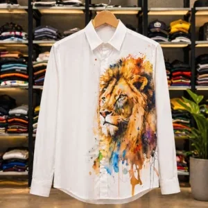 Men's White Casual Shirt with Artistic Lion Print – Contemporary Urban Style