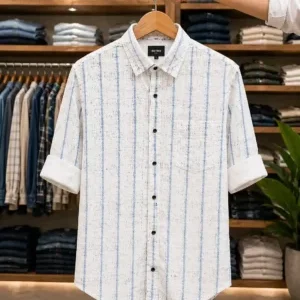 Men's Half-Sleeve Contemporary Printed Shirt with White & Blue Textured Pattern