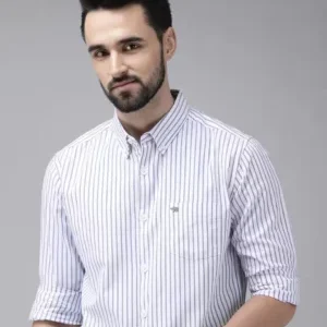 Classic Navy & White Pinstriped Oxford Shirt for Men — Professional & Casual Versatility