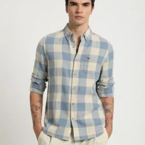 Blue & Beige Check Cotton Shirt – Elevated Casual Style with Polished Professional Touch