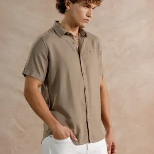 Taupe Brown Men's Short Sleeve Casual Button-Up Shirt