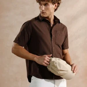 Men's Coffee Brown Solid Casual Short Sleeve Shirt