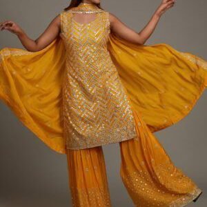 Golden Yellow Semi Crepe Sharara with Intricate Gotapatti Embellishment