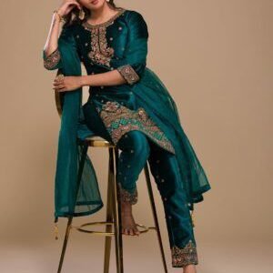 Peacock Blue Zariwork Velvet Readymade Salwar Suit