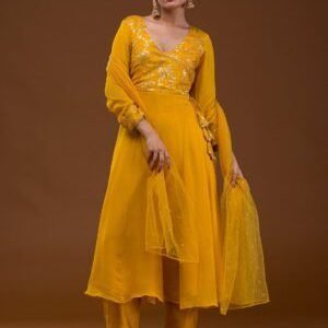 Golden Sequin Embellished Georgette Pre-Stitched Salwar Suit