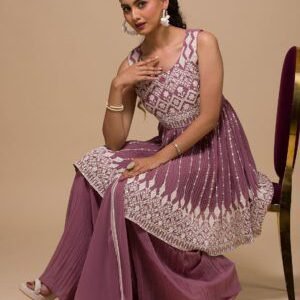 Mauve Threadwork Georgette Readymade Sharara Suit