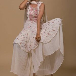 Cream Threadwork Georgette Readymade Sharara Suit