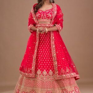 Red Zariwork Raw Silk Readymade Lehenga
