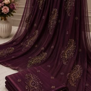 Plum Wine Saree with Hand-Beaded Golden Paisley Embroidery